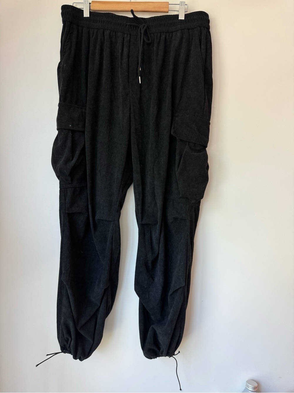 Manfinity Black Corduroy Cargo Jogger Pants Drawstring Cuffs Size XXL